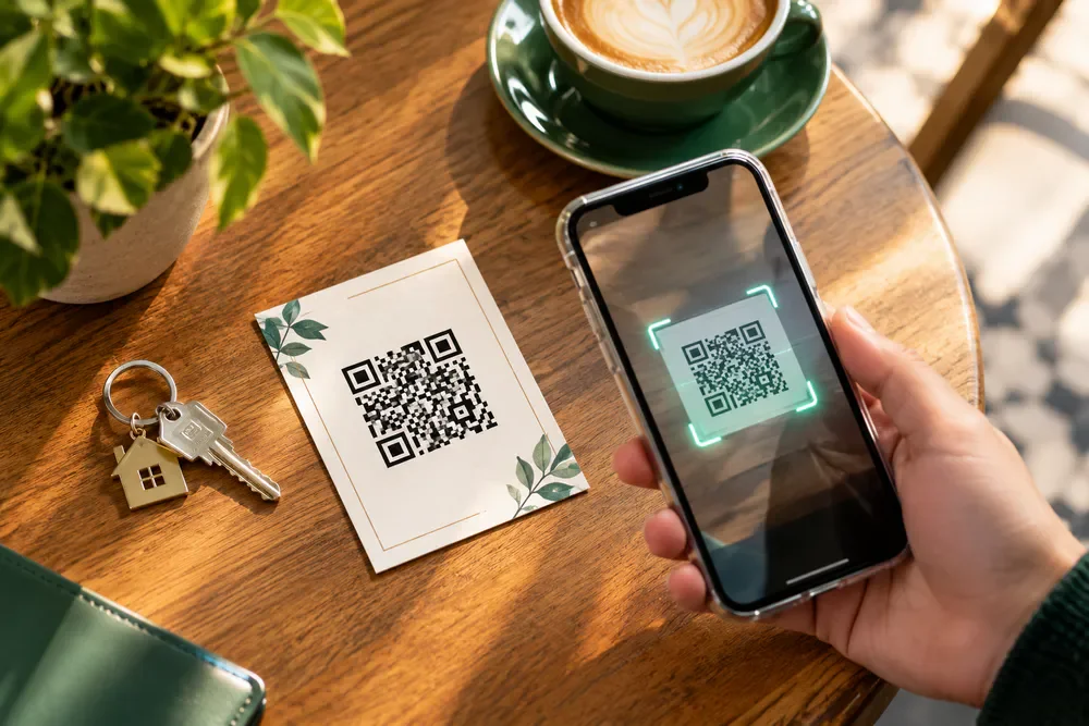اسکن بارکد QR کارت دیجیتال روی میز کافه