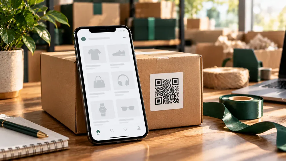 کارت ویزیت دیجیتال برای فروشگاه اینستاگرامی با کاتالوگ و QR روی بسته‌بندی